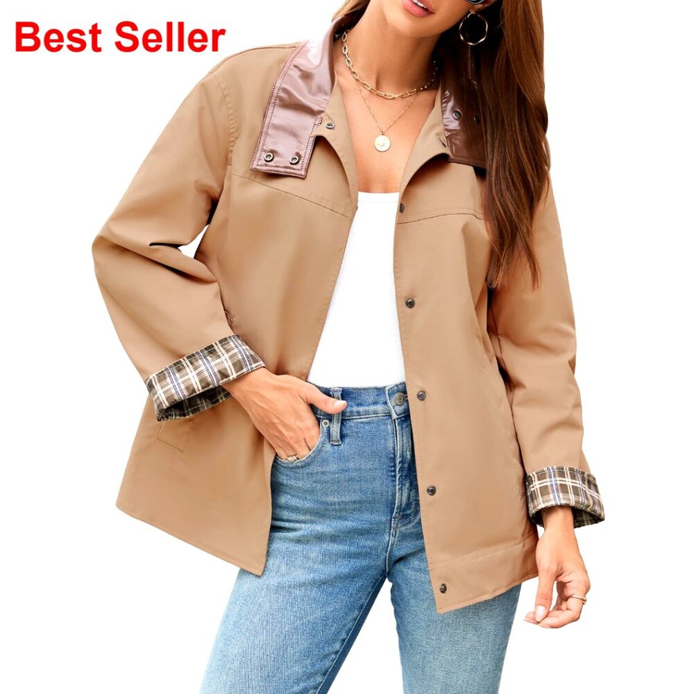 Cropped Trench Coat With Plaid Lining, Faux Leather Collar, 100% Polyester
